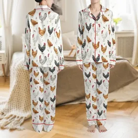 Women's Valentine Coquette Watercolor Farm Fowl Pajamas: Rooster, Hen & Wildflower Print Satin Pajamas Set