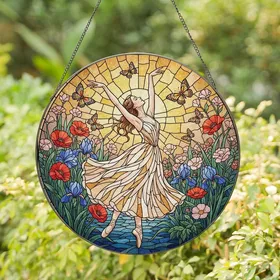 Ballet Art Lover's Detailed Tiffany Stained Glass Ballerina Floral Garden Mosaic Stained Glass Suncatcher