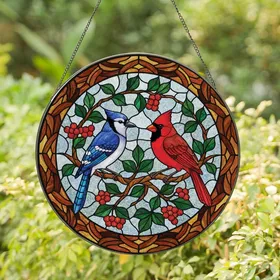 Nature Lovers' Tiffany Stained Glass Blue Jay Cardinal Winter Berry Mosaic Stained Glass Suncatcher