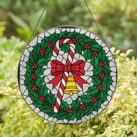 Holiday Enthusiasts' Intricate Jewel Tone Tiffany Stained Glass Candy Cane Holly Wreath Design Stained Glass Suncatcher
