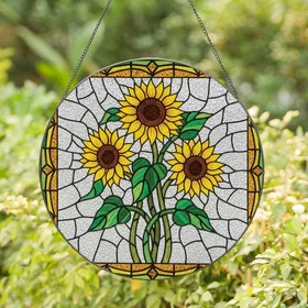 Nature Lovers' Vibrant Tiffany Stained Glass Sunflowers Yellow Green Frosted Mosaic Art Stained Glass Suncatcher
