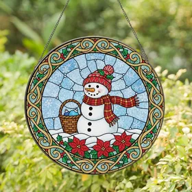 Holiday Decor Lovers' Stained Glass Snowman, Holly, Poinsettia, Plaid Scarf, Tiffany Jewel Tones Stained Glass Suncatcher