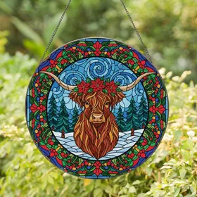 Festive Animal Art Lovers' Vibrant Tiffany Stained Glass Highland Cow Christmas Wreath Motif Stained Glass Suncatcher
