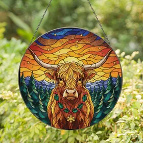 Highland Cow Fans' Stained Glass Winter Sunset Art with Festive Garland & Jewel Tones Stained Glass Suncatcher