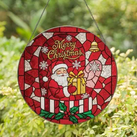 Christmas Enthusiasts' Tiffany Style Stained Glass Jolly Santa Mitten, Red Jewel Tones, Holly, Golden Script Stained Glass Suncatcher