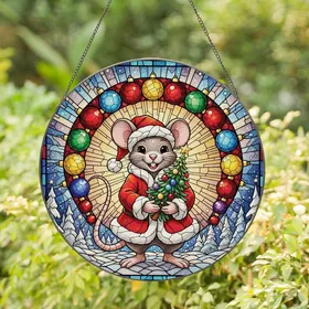 Christmas Lovers' Intricate Stained Glass Santa Mouse Festive Jewel Tone Mosaic Stained Glass Suncatcher