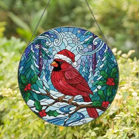 Christmas Lovers' Tiffany Stained Glass Cardinal Santa Hat Holly Winter Forest Mosaic Ruby Red Green Jewel Tones Stained Glass Suncatcher