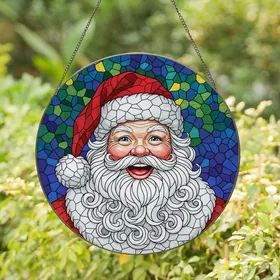 Christmas Lovers' Jolly Santa Stained Glass Mosaic, Vibrant Tiffany Style Jewel Tone Christmas Pattern with Black Lead Lines Stained Glass Suncatcher
