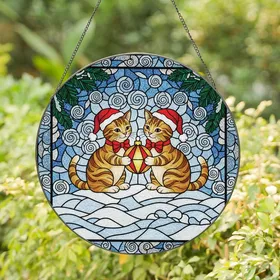 Cat Lovers' Jewel Tone Stained Glass Christmas Kittens Golden Bauble Winter Mosaic Art Stained Glass Suncatcher