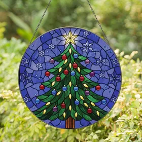 Holiday Art Lovers' Glowing Tiffany Stained Glass Christmas Tree with Jewel Red Blue Purple Ornaments & Starry Snowflakes Stained Glass Suncatcher