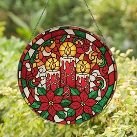 Christmas Art Admirers' Glowing Tiffany Stained Glass Red Candles Poinsettia Holly Mosaic Stained Glass Suncatcher