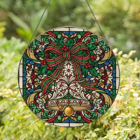 Christmas Enthusiasts' Ornate Stained Glass Christmas Bell, Holly & Ribbon Jewel Tone Mosaic Stained Glass Suncatcher