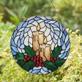 Art Lovers' Tiffany Style Stained Glass Glowing Candles Holly Berries Mosaic Pattern Stained Glass Suncatcher