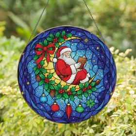 Holiday Art Lovers' Detailed Tiffany Stained Glass Santa Moon Reading Holly Berries Celestial Winter Mosaic Red Green Gold Stained Glass Suncatcher