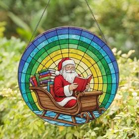 Christmas Enthusiasts' Tiffany Style Stained Glass Santa Reading Colorful Books Rainbow Mosaic Stained Glass Suncatcher