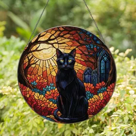 Cat Lovers' Tiffany Stained Glass Black Cat Autumn Forest Moon Artwork with Teal Orange Red Jewel Tones Stained Glass Suncatcher