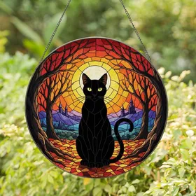 Autumn Cat Art Fans' Glowing Stained Glass Black Cat Fiery Moon & Leaves Pattern Stained Glass Suncatcher