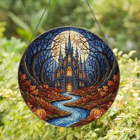Fantasy Lovers' Tiffany Style Stained Glass Gothic Castle Autumn Forest Full Moon Design Stained Glass Suncatcher
