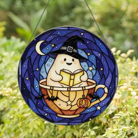 Halloween Lovers' Intricate Stained Glass Ghost Teacup Book Witch Hat Mosaic Amber Orange Black Jewel Tones Stained Glass Suncatcher