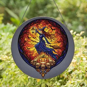 Witchy Decor Lovers' Vibrant Stained Glass Witch, Skulls, Jack-O'-Lantern & Autumnal Sky Mosaic Stained Glass Suncatcher