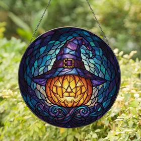 Halloween Art Lovers' Intricate Stained Glass Jack-o'-Lantern Witch Hat Mystical Swirling Teal Orange Purple Stained Glass Suncatcher