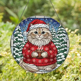 Cat Lovers' Vibrant Tiffany Stained Glass Fluffy Cat Red Santa Hat Blue Eyes Winter Wonderland Mosaic Stained Glass Suncatcher
