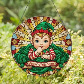 New Parents' Tiffany Stained Glass Infant Elf Firist Chismas Ruby Emerald Gold Mosaic Stained Glass Suncatcher