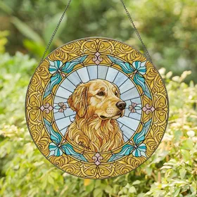Golden Retriever Lovers' Tiffany Stained Glass Golden Amber Filigree Butterfly Clover Dog Portrait Stained Glass Suncatcher