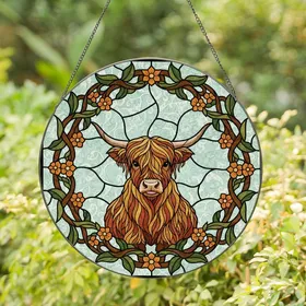 Highland Cow Lovers' Fluffy Amber Highland Cow Stained Glass Green Wreath Mosaic Stained Glass Suncatcher