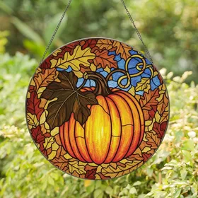 Autumn Enthusiasts' Stained Glass Tiffany Style Pumpkin Mosaic Forest Vibrant Orange Amber Blue Stained Glass Suncatcher