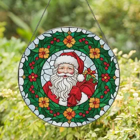 Christmas Enthusiasts' Tiffany Style Stained Glass Santa Claus Red Green Gold Holly Wreath Snowflakes Stained Glass Suncatcher
