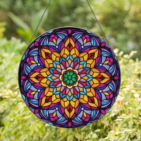 Art Lovers' Vibrant Tiffany Stained Glass Lotus Mandala Orange Purple Blue Design Stained Glass Suncatcher