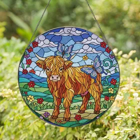 Nature Lovers' Vibrant Jewel Tone Stained Glass Highland Calf & Butterflies Pastoral Art Stained Glass Suncatcher