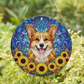 Corgi Lovers' Tiffany Style Stained Glass Corgi & Sunflower Mosaic in Jewel Tones Stained Glass Suncatcher