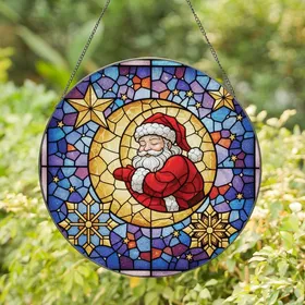 Holiday Art Lovers' Vibrant Tiffany Stained Glass Santa Golden Moon Stars Snowflake Jewel Tones Stained Glass Suncatcher