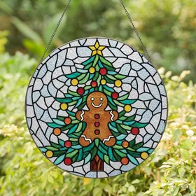 Festive Celebrators' Tiffany Style Stained Glass Gingerbread Man Tree Jewel Tone Mosaic Stained Glass Suncatcher