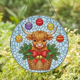Holiday Cow Fans' Tiffany Style Stained Glass Highland Calf Winter Mosaic with Evergreen Pine & Ornaments Stained Glass Suncatcher