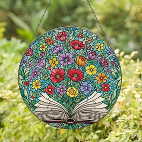 Art & Book Lovers' Vibrant Tiffany Stained Glass Open Book with Bursting Jewel Tone Flowers & Swirling Mosaic Garden Stained Glass Suncatcher