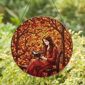 Art Lovers' Elaborate Autumnal Stained Glass Book Reader Amber Orange Crimson Mosaic Pattern Stained Glass Suncatcher