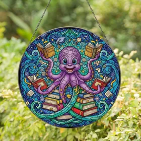 Book Lovers' Tiffany Stained Glass Purple Octopus Reading Books & Academic Mosaic Jewel Tones Stained Glass Suncatcher