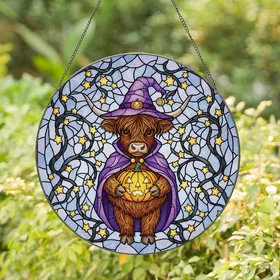 Autumn Enthusiasts' Tiffany Stained Glass Highland Cow Witch Hat Jack-O'-Lantern Mosaic Stained Glass Suncatcher