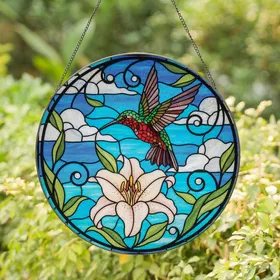 Nature Lovers' Tiffany Style Stained Glass Hummingbird Lily Floral Mosaic, Vibrant Jewel Tones, Intricate Black Lead Lines Stained Glass Suncatcher