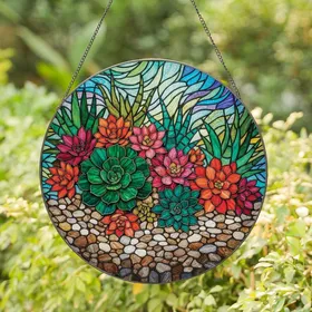 Succulent Lovers' Tiffany Style Stained Glass Emerald Coral Teal Succulent River Stone Mosaic Stained Glass Suncatcher