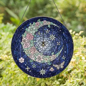 Celestial Dreamers' Tiffany Stained Glass Crescent Moon Floral Bee Butterfly Pastel Mint Pink Teal Mosaic Stained Glass Suncatcher