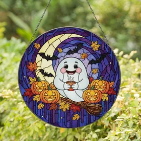 Halloween Enthusiasts' Vibrant Tiffany Style Stained Glass Friendly Ghost Pumpkin Moon Bat Stained Glass Suncatcher