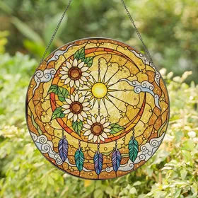 Art Lovers' Intricate Tiffany Glass Crescent Moon Sunflowers Cosmic Dust Mosaic Orange Yellow Green Stained Glass Suncatcher