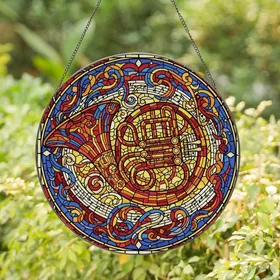 Music Lovers' Vibrant Stained Glass French Horn Art, Jewel Tone Musical Mosaic, Intricate Black Lead Lines Stained Glass Suncatcher