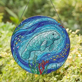 Marine Life Art Enthusiasts' Vibrant Jewel Tone Tiffany Style Stained Glass Manatee & Aquatic Life Mosaic Stained Glass Suncatcher