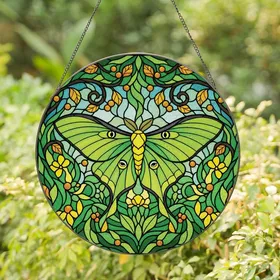 Nature Lovers' Vibrant Luna Moth Stained Glass Tiffany Style Lime Green Amber Foliage & Tendrils Stained Glass Suncatcher