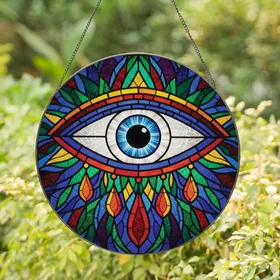 Art Lovers' Intricate Tiffany Style Evil Eye Stained Glass Mosaic Jewel Tone Red Amber Blue Green Stained Glass Suncatcher